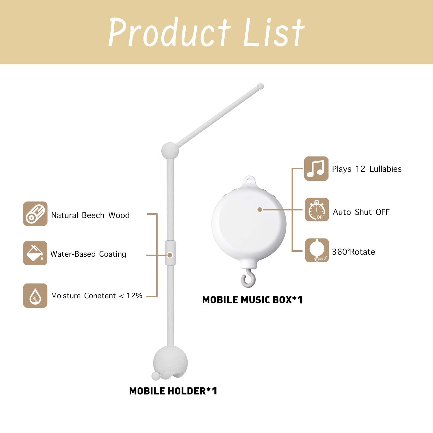 GIJIR Crib Mobile Arm with Music Box 325 Inch White Stand