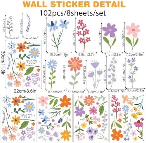 Wild Flower Wall Decals - 102 Pcs Garden Theme Stickers for Home Decor