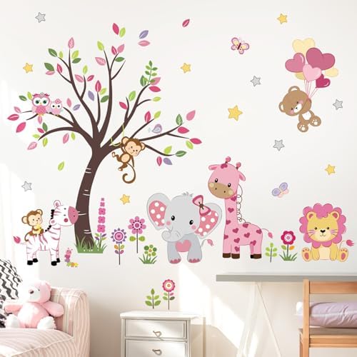 Pink Animal Tree Wall Decals for Girls Bedroom and Nursery