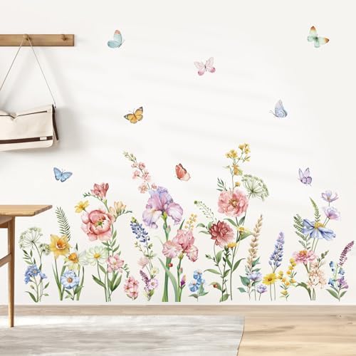 Decalmile Spring Garden Flower Wall Stickers Wildflower Iris Butterflies Wall Decals
