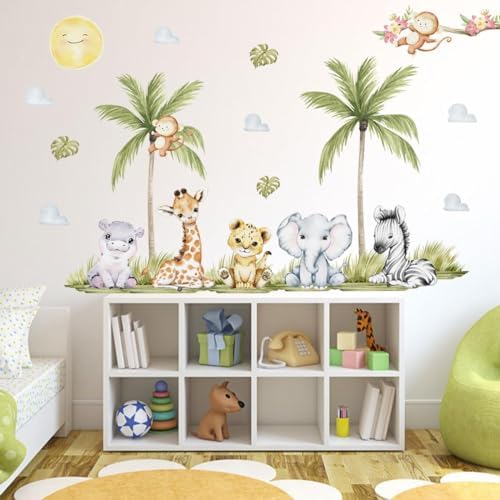 5629 x 4488 Inch Watercolor Animal Wall Decals - Jungle Stickers With Tiger Elephant Zebra Giraffe Monkey Hippo