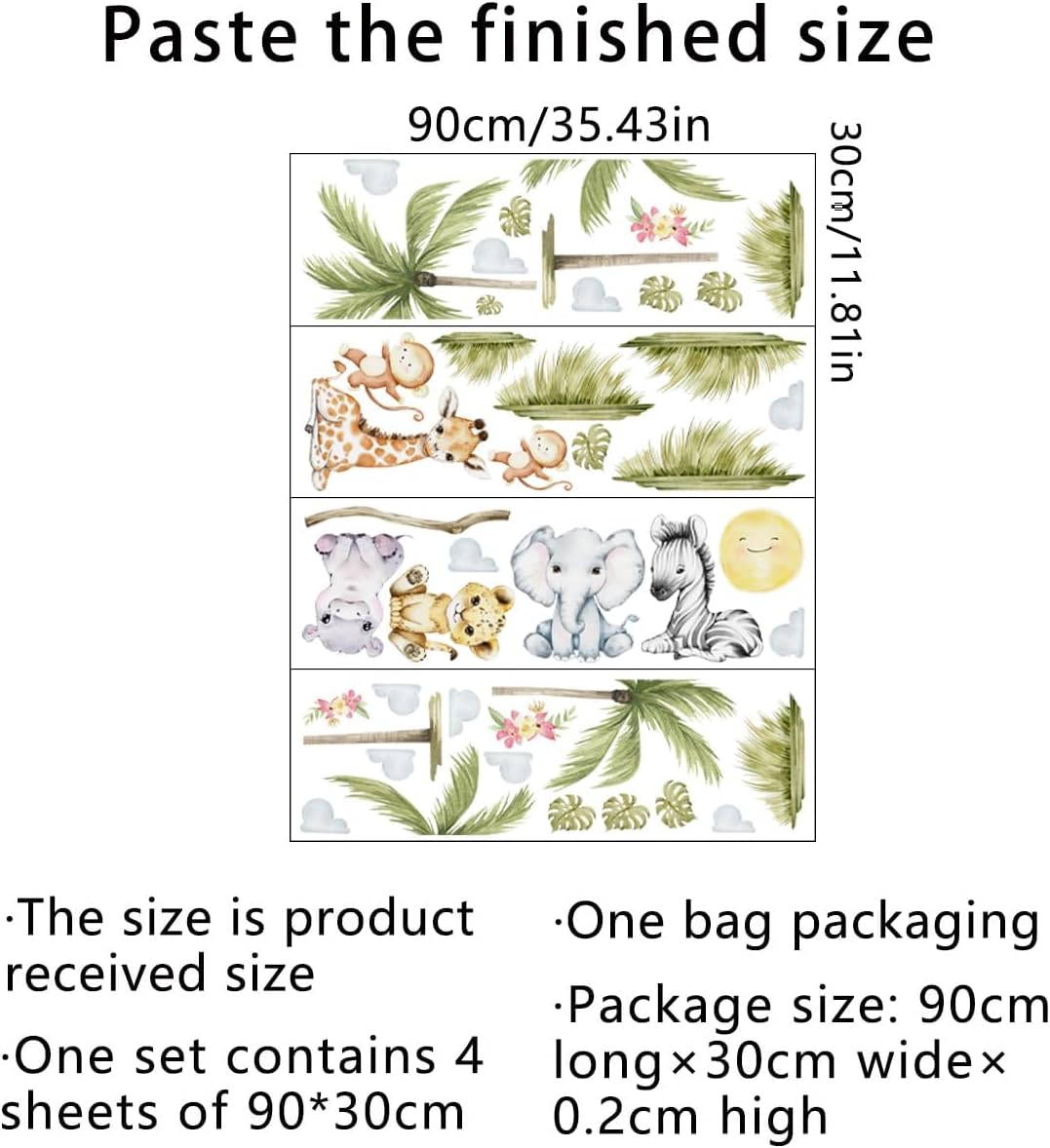 5629 x 4488 Inch Watercolor Animal Wall Decals - Jungle Stickers With Tiger Elephant Zebra Giraffe Monkey Hippo