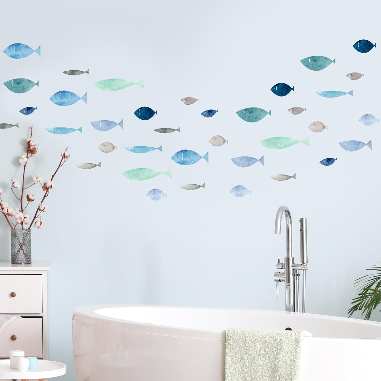 36 Pcs Watercolor Blue School of Fish Wall Decals