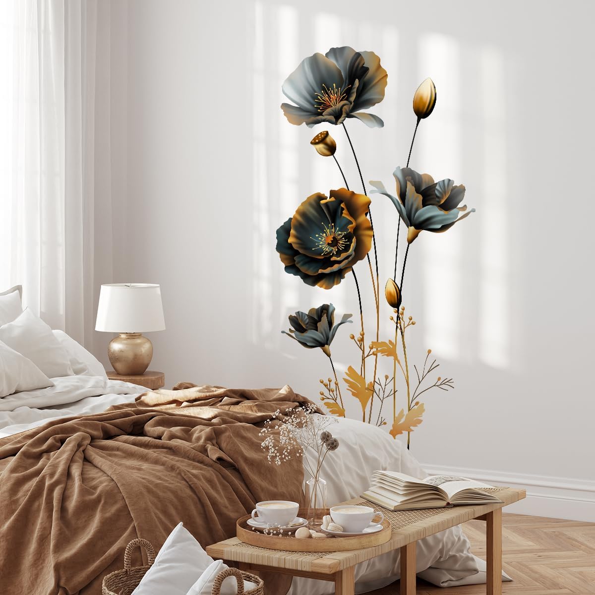Large 3D Flowers Wall Decals - Gold and Black Design