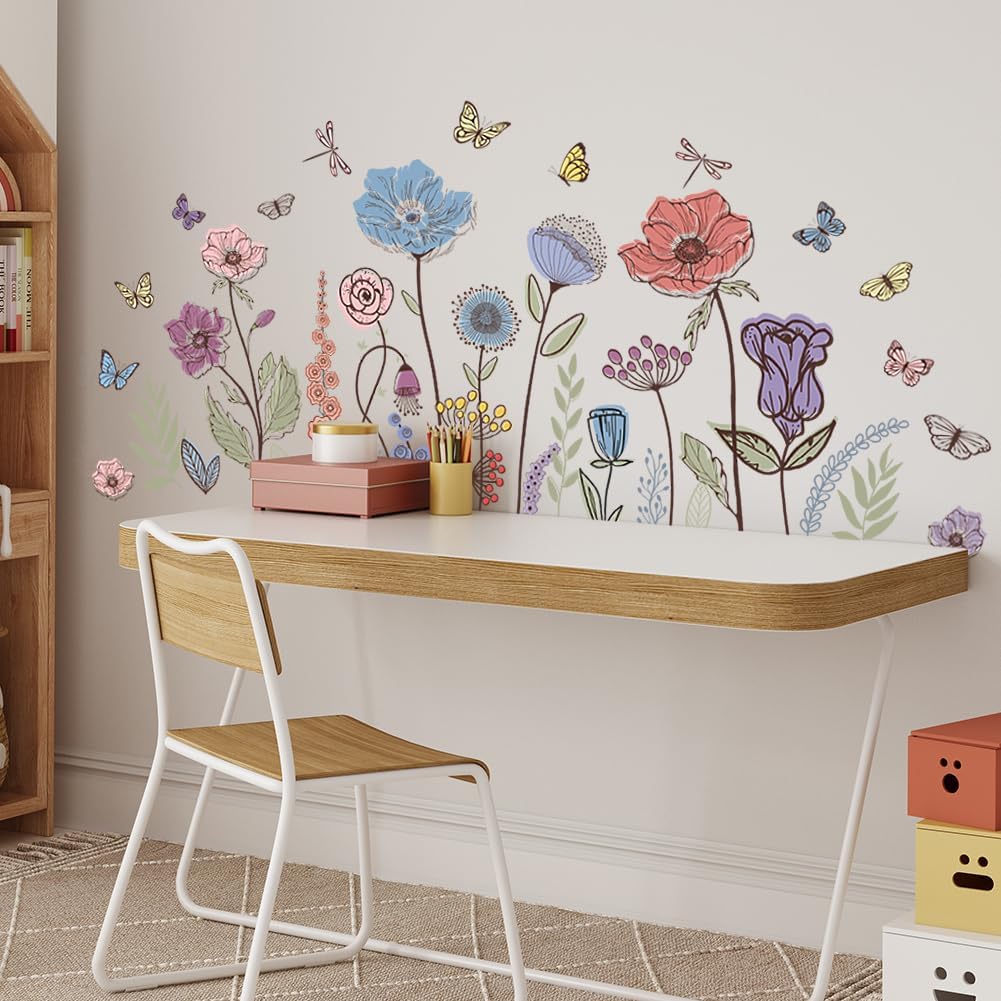 Prabahdak Flower Wall Decals Vintage Floral Butterfly Dragonfly Sticker Peel and Stick Decor