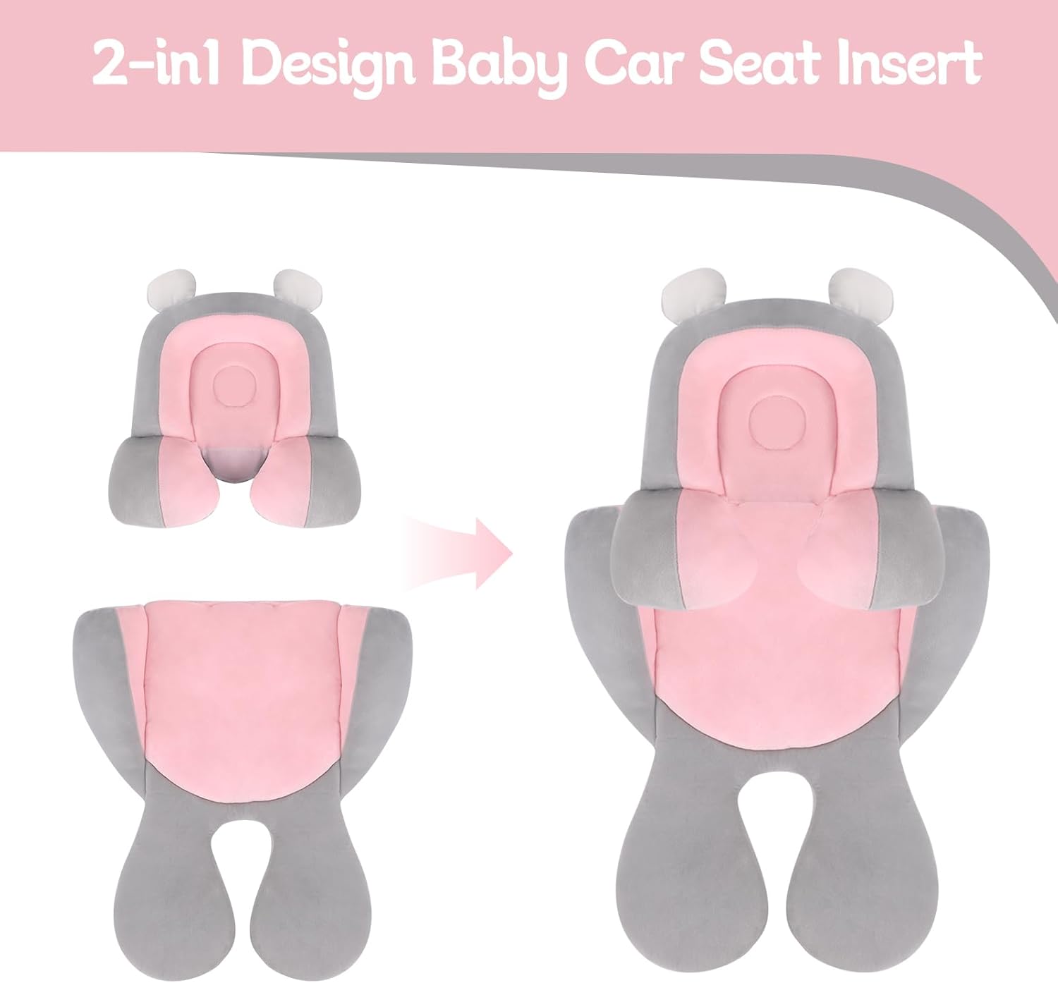 KAKIBLIN Infant Car Seat Insert Soft Head Body Support Cushion 2-in-1 Reversible for Car Seats Strollers Bouncers Pink