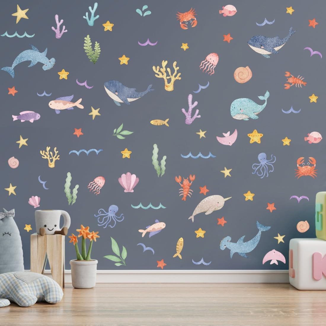Watercolor Ocean Wall Decals for Kids Room Decor