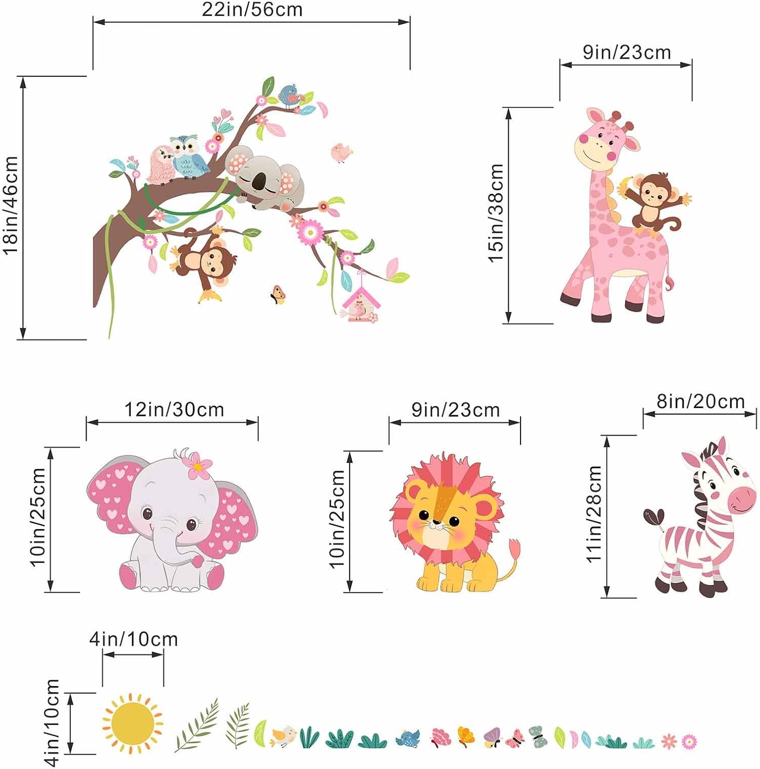 Pink Forest Baby Animals Wall Decals - Elephant Lion Giraffe Monkey Zebra Stickers