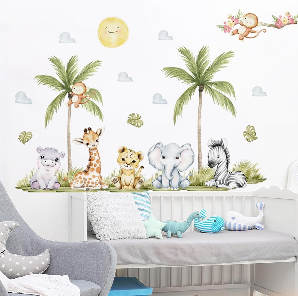 5629 x 4488 Inch Watercolor Animal Wall Decals - Jungle Stickers With Tiger Elephant Zebra Giraffe Monkey Hippo