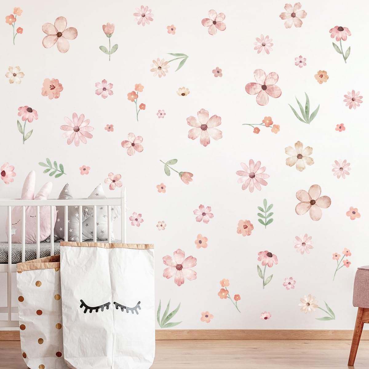 Boho Flower Wall Decals Pink Watercolor Decor Stickers