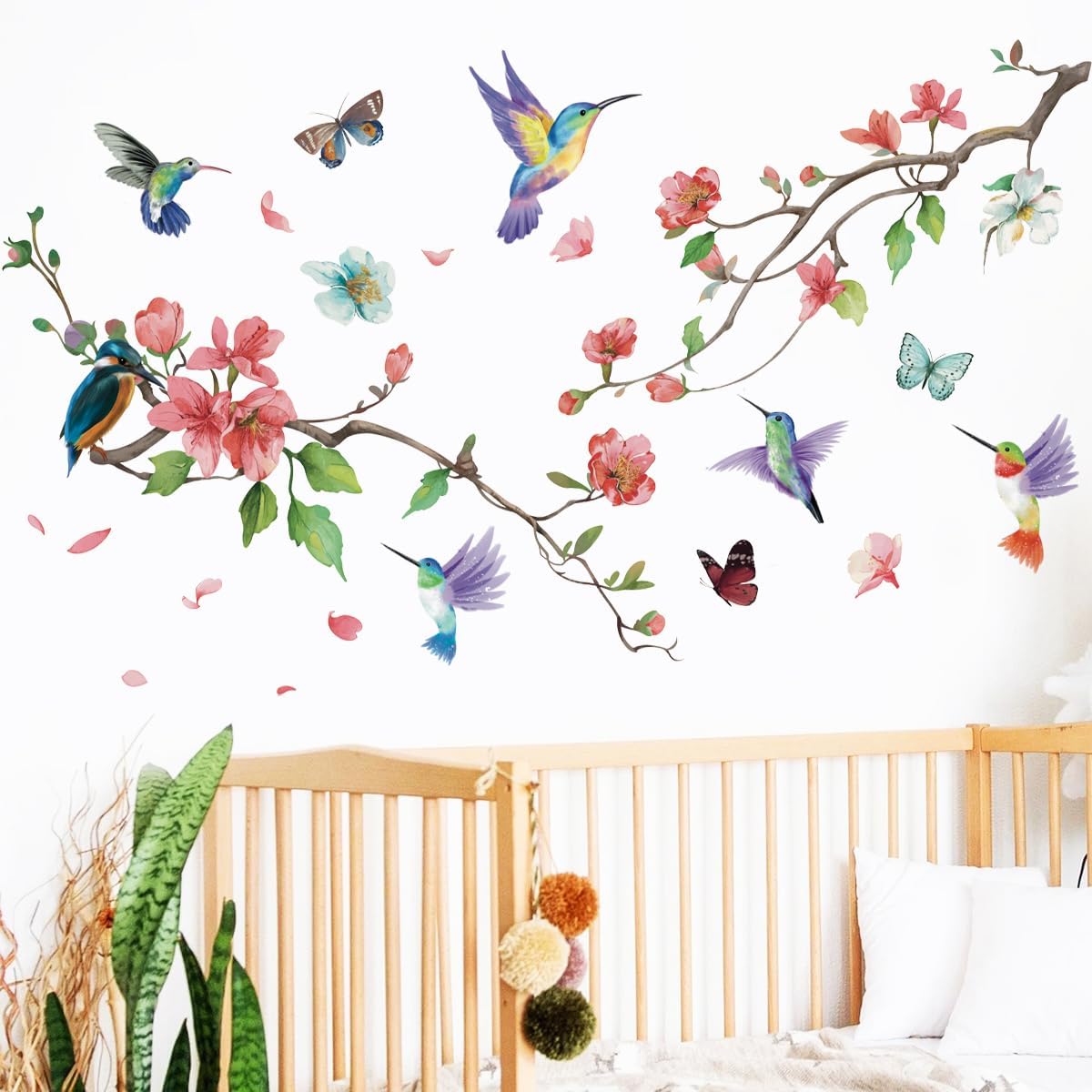 Runtoo Hummingbird Pink Floral Wall Decal Sticker