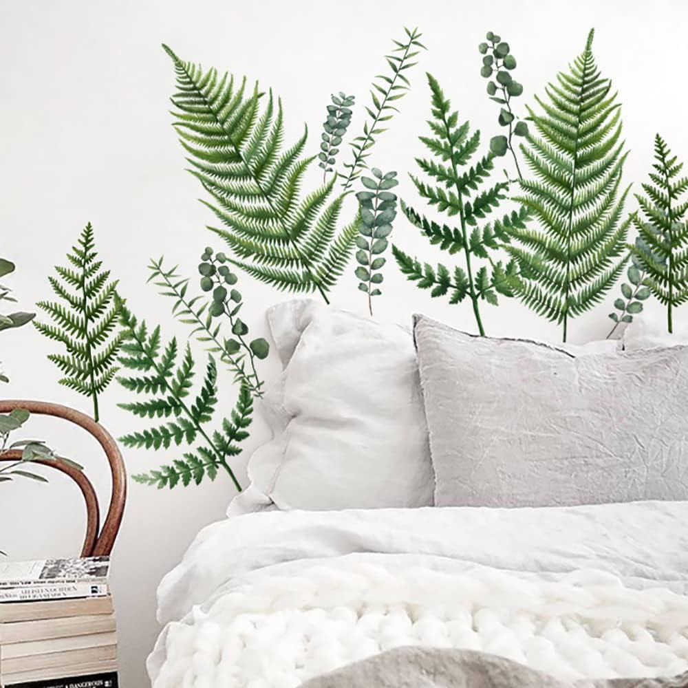 Runtoo Large Fern Leaves Wall Art Stickers Green Plant Wall Decal Living Room Bedroom Nursery Decor