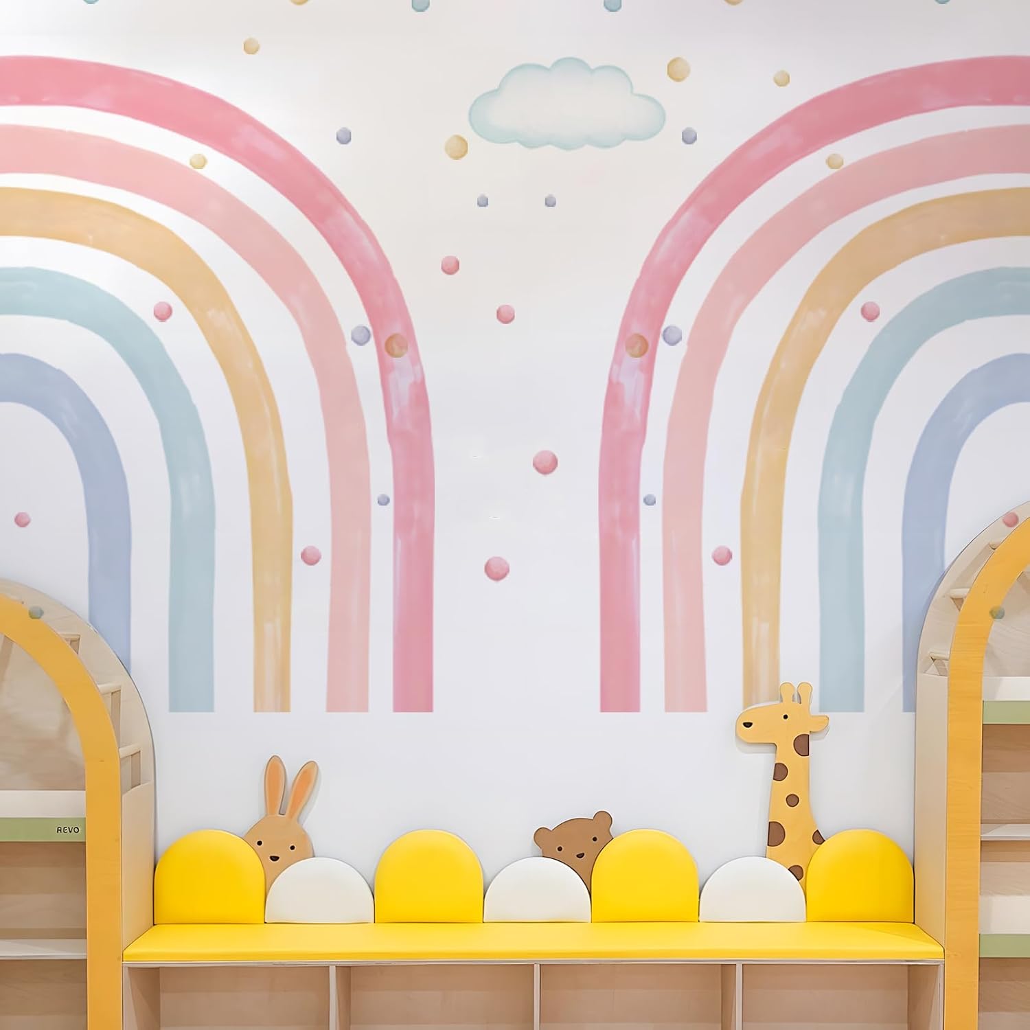 Large Watercolor Rainbow Wall Decals with Clouds and Polka Dots for Kids Room Decor