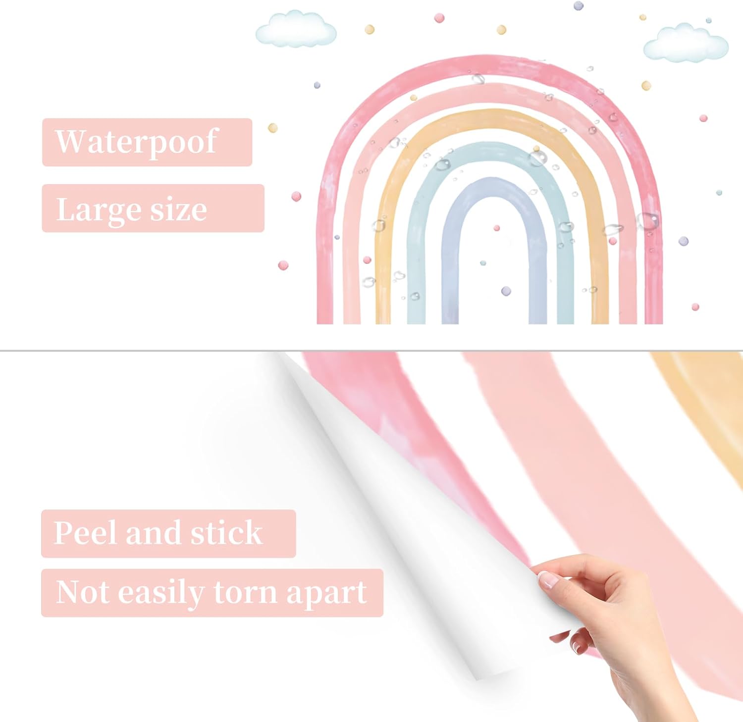 Large Watercolor Rainbow Wall Decals with Clouds and Polka Dots for Kids Room Decor