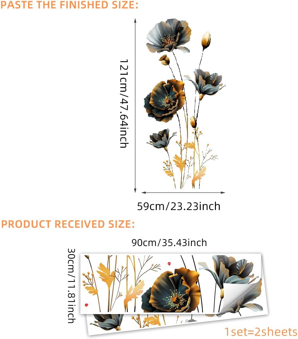 Large 3D Flowers Wall Decals - Gold and Black Design