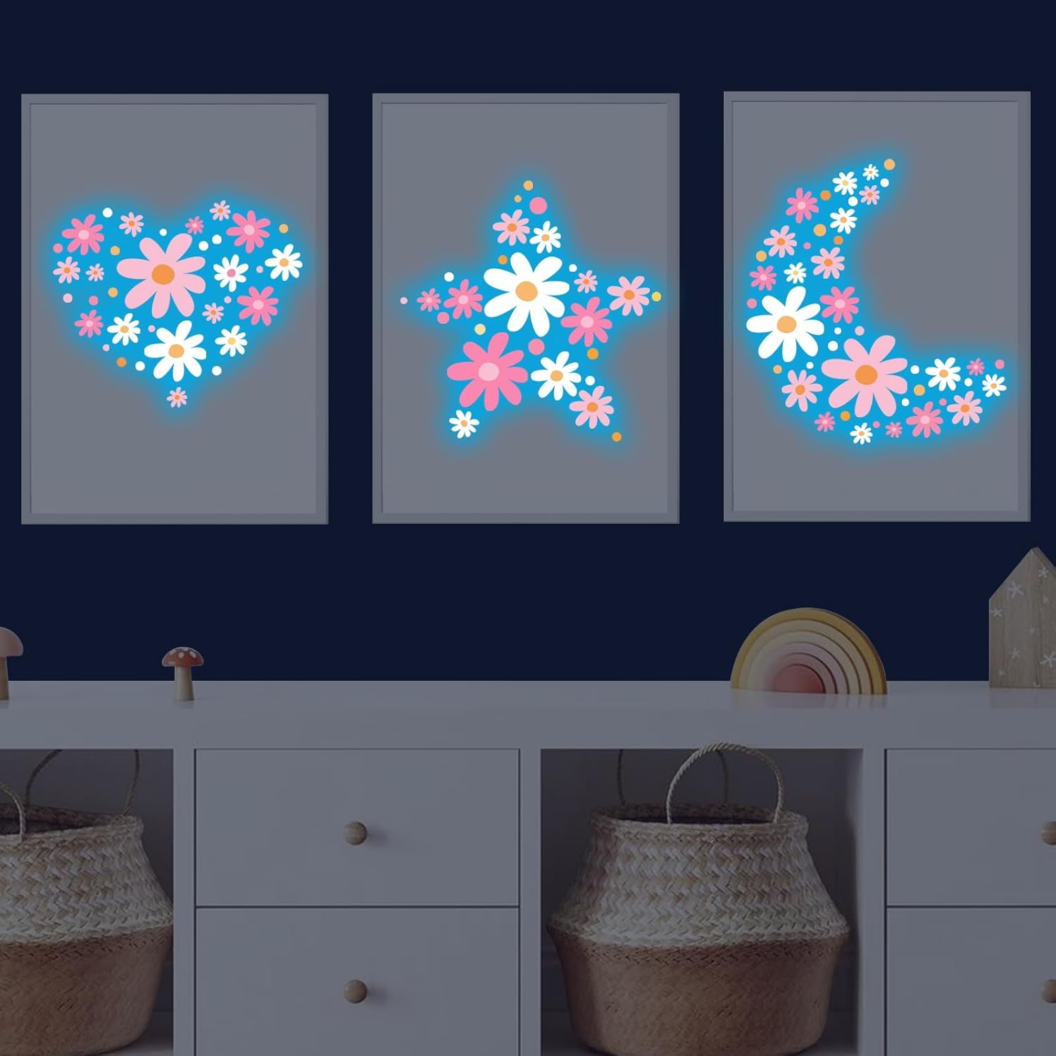 Glow in the Dark Daisy Wall Decals Set for Kids Rooms