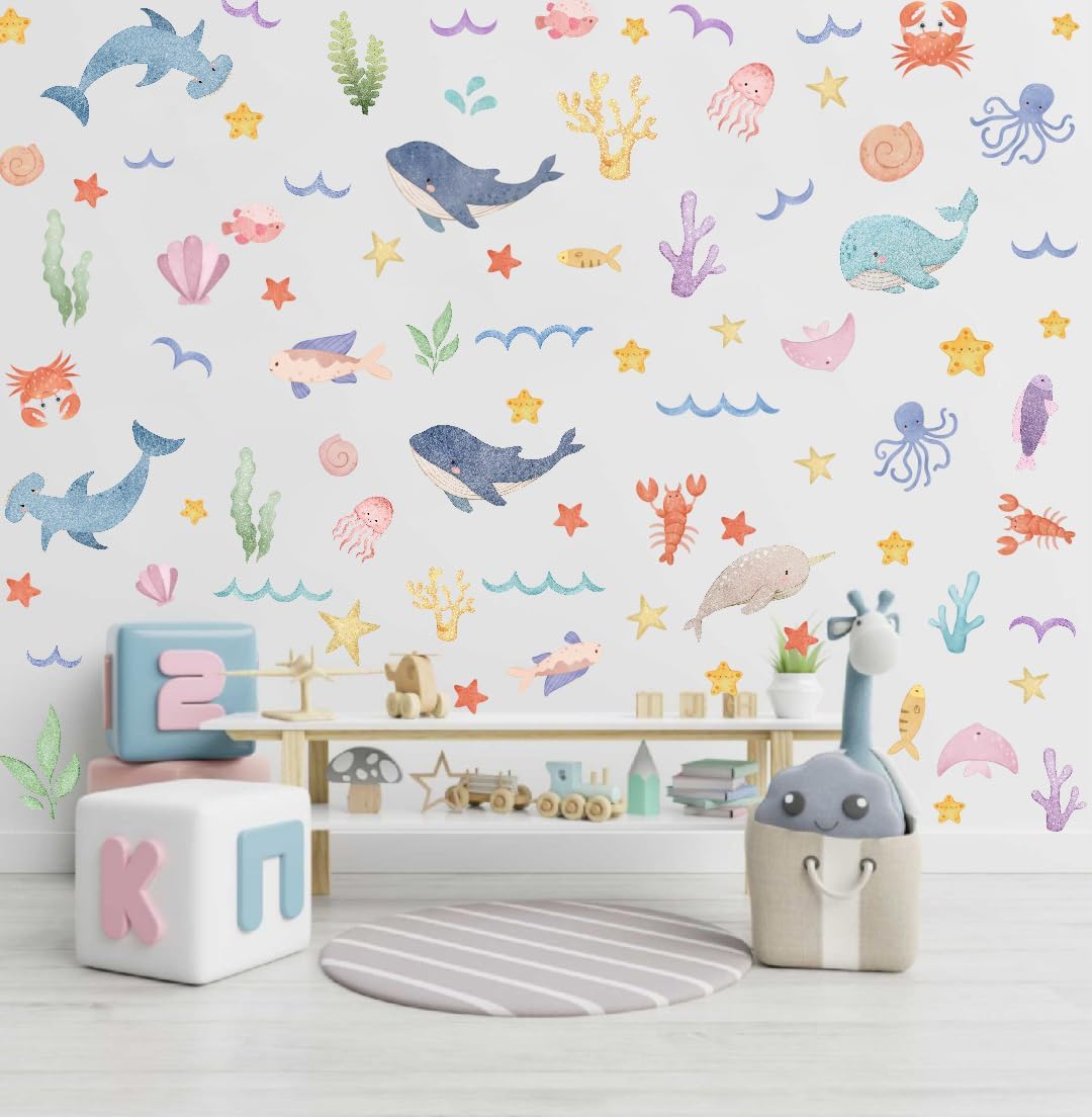 Watercolor Ocean Wall Decals for Kids Room Decor
