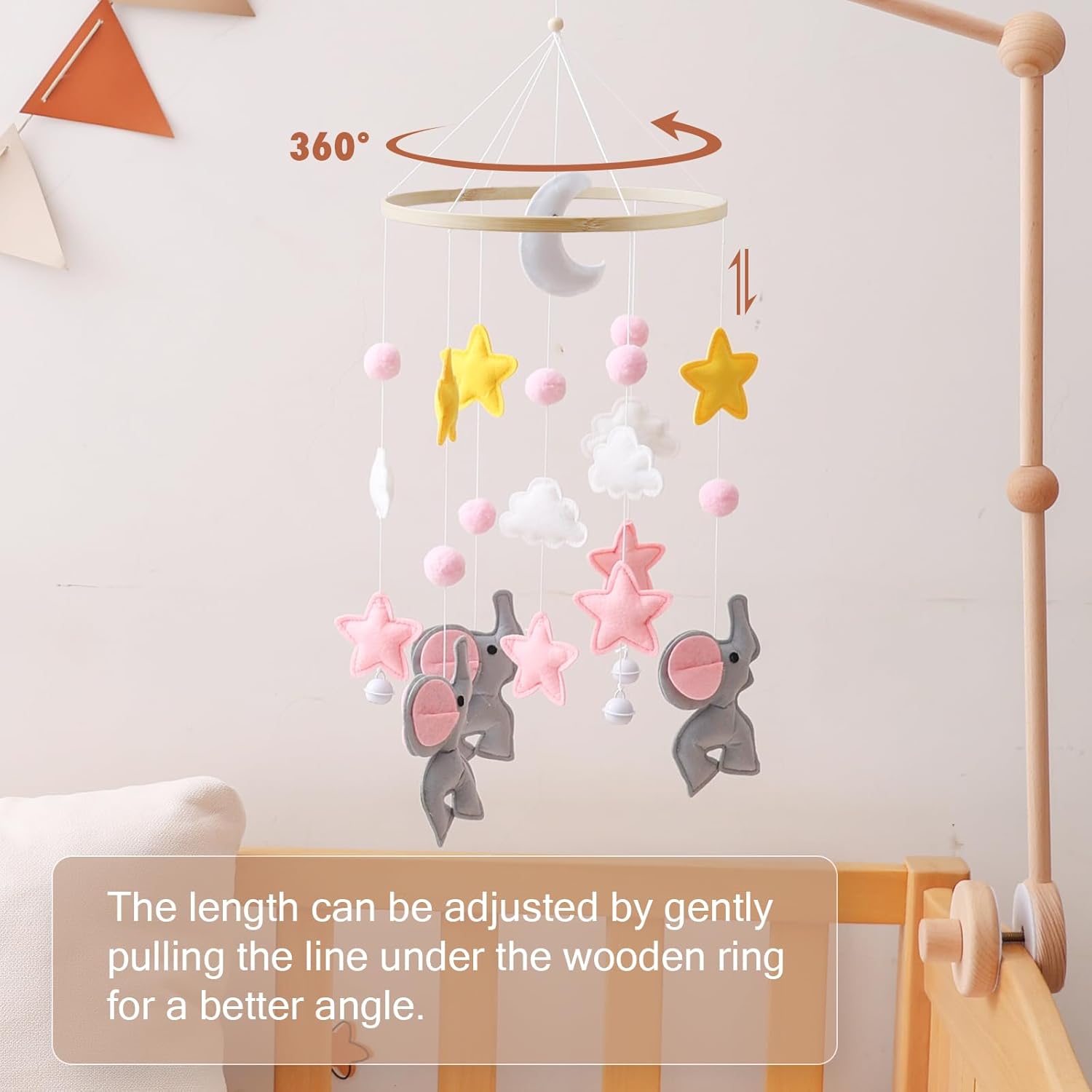 Baby Crib Mobile with Elephant Animal and Star Design