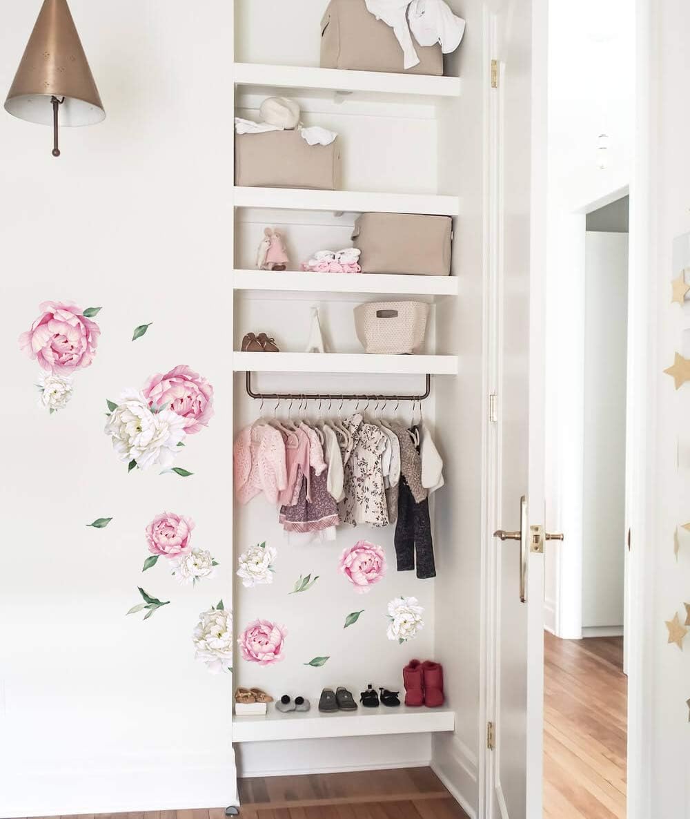 Peony Watercolor Wall Decals Pink and White Spring Decor