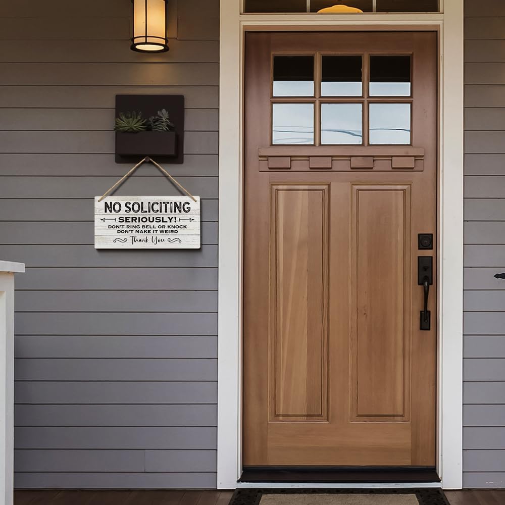 YZEXEZY No Soliciting Sign - 6x12 Inch Wood Hanging Door Sign