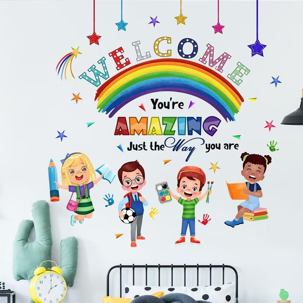 Kids Inspirational Quotes Wall Decal Reading Corner Rainbow Stickers for Classroom and Playroom