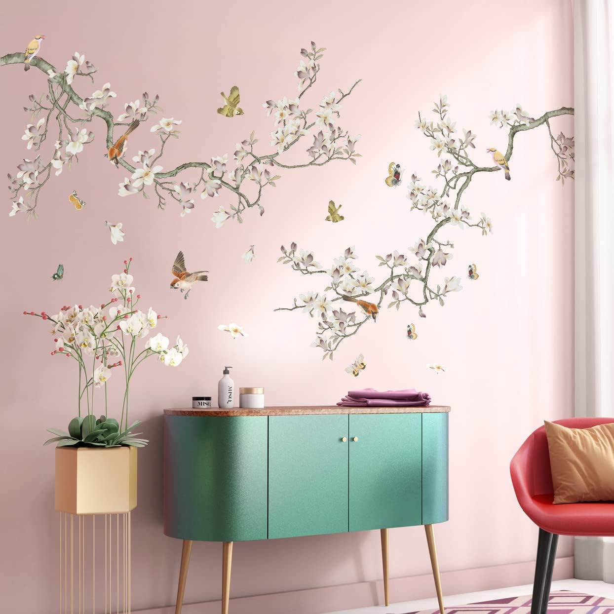 3D Curved Tree Branches with Colorful Flying Birds Wall Decals