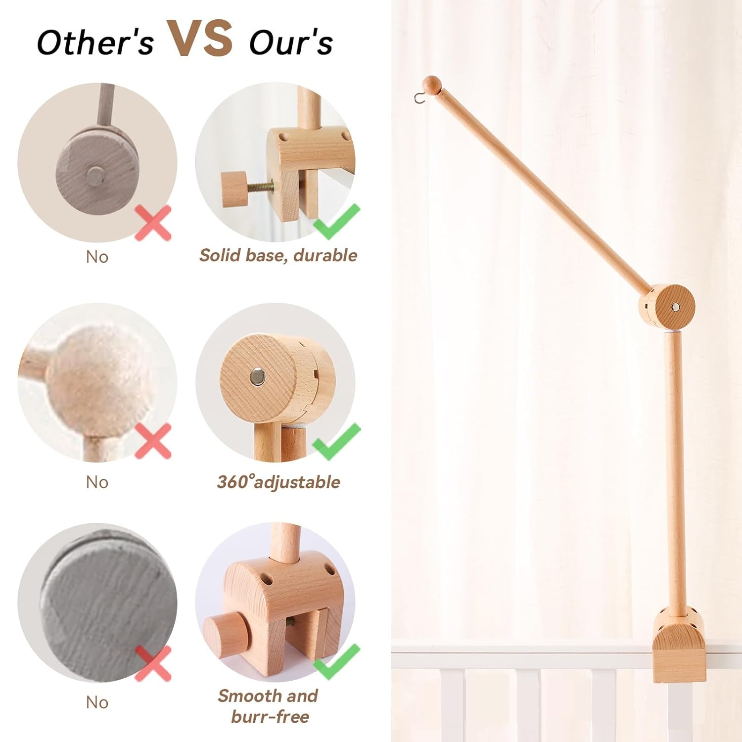 Wooden Baby Mobile Crib Holder Height Adjustable Mobile Arm