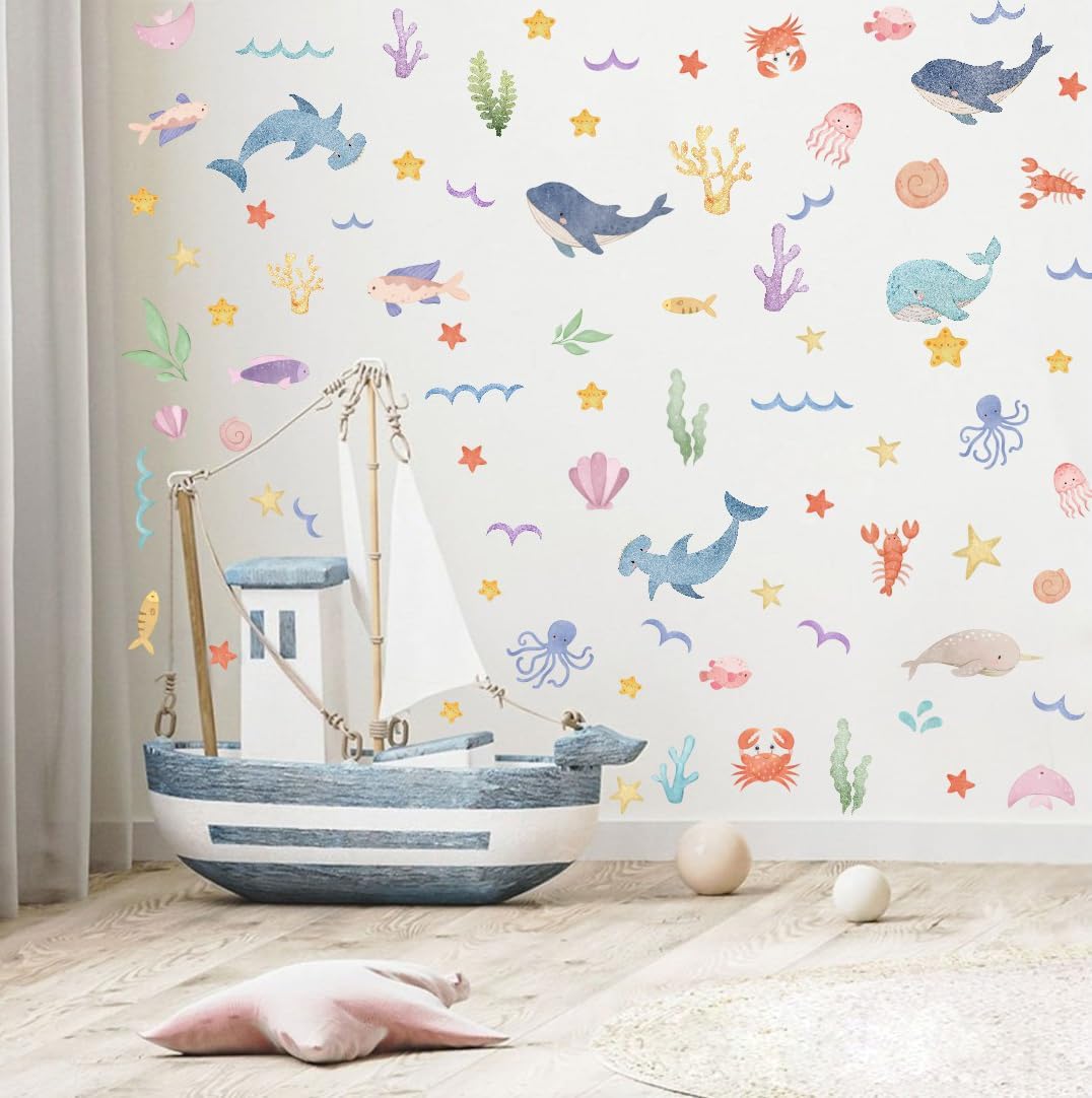 Watercolor Ocean Wall Decals for Kids Room Decor