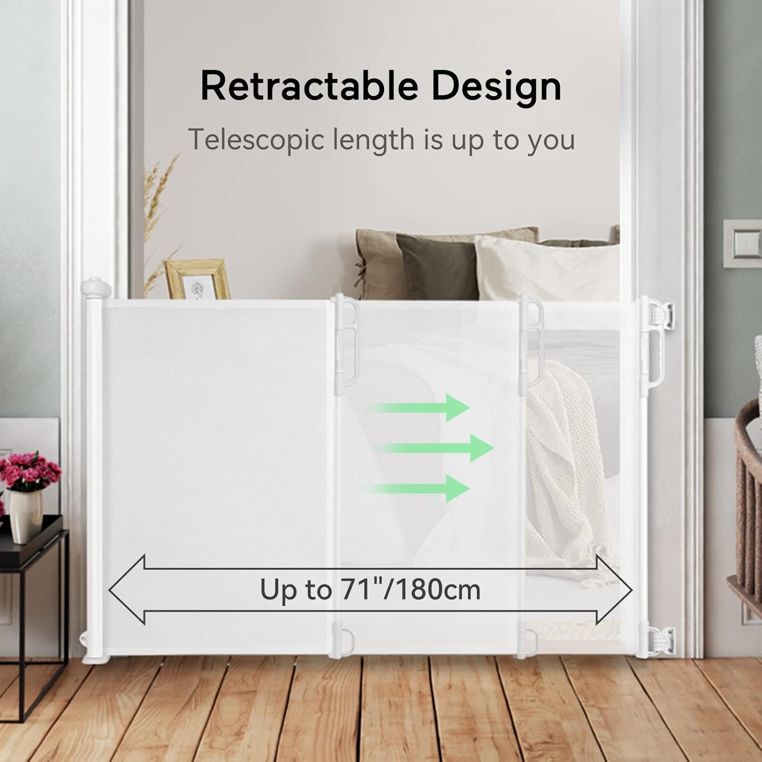 Retractable Baby Gate with Double Lock and No Bottom Rails