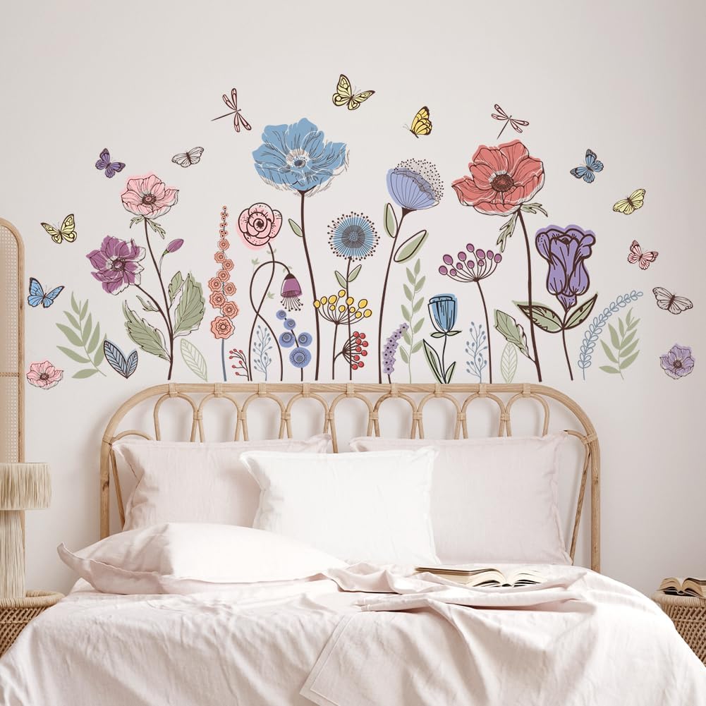 Prabahdak Flower Wall Decals Vintage Floral Butterfly Dragonfly Sticker Peel and Stick Decor