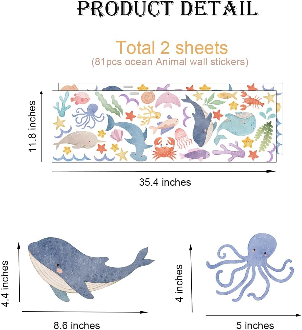 Watercolor Ocean Wall Decals for Kids Room Decor