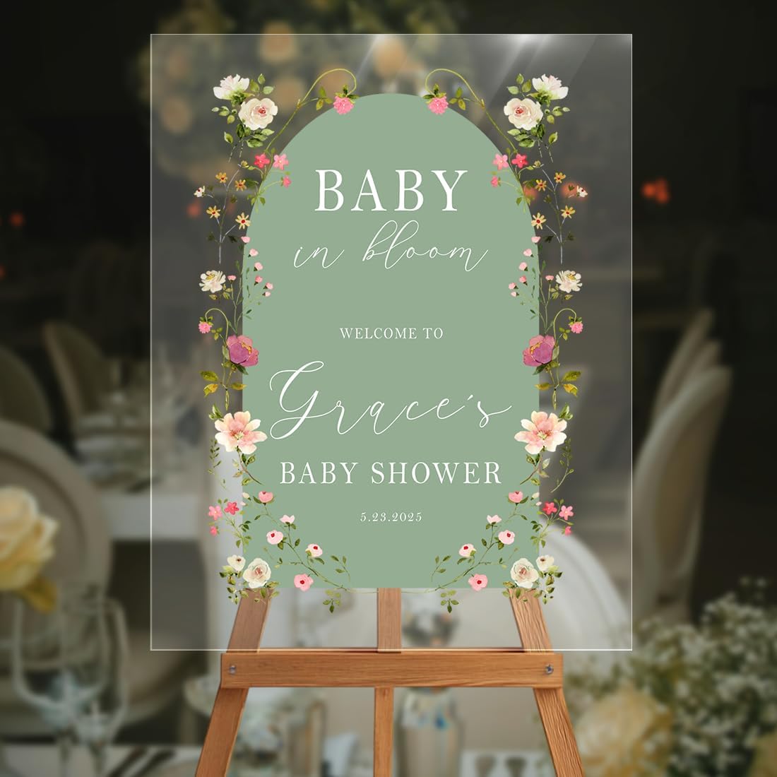 Personalized Green Arch Baby Shower Welcome Sign - Elegant Girl Entrance Decor