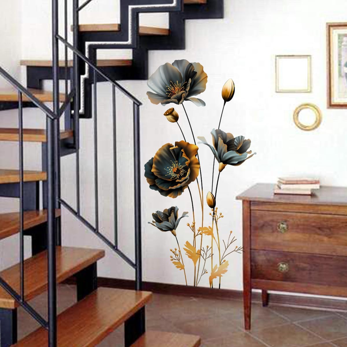 Large 3D Flowers Wall Decals - Gold and Black Design