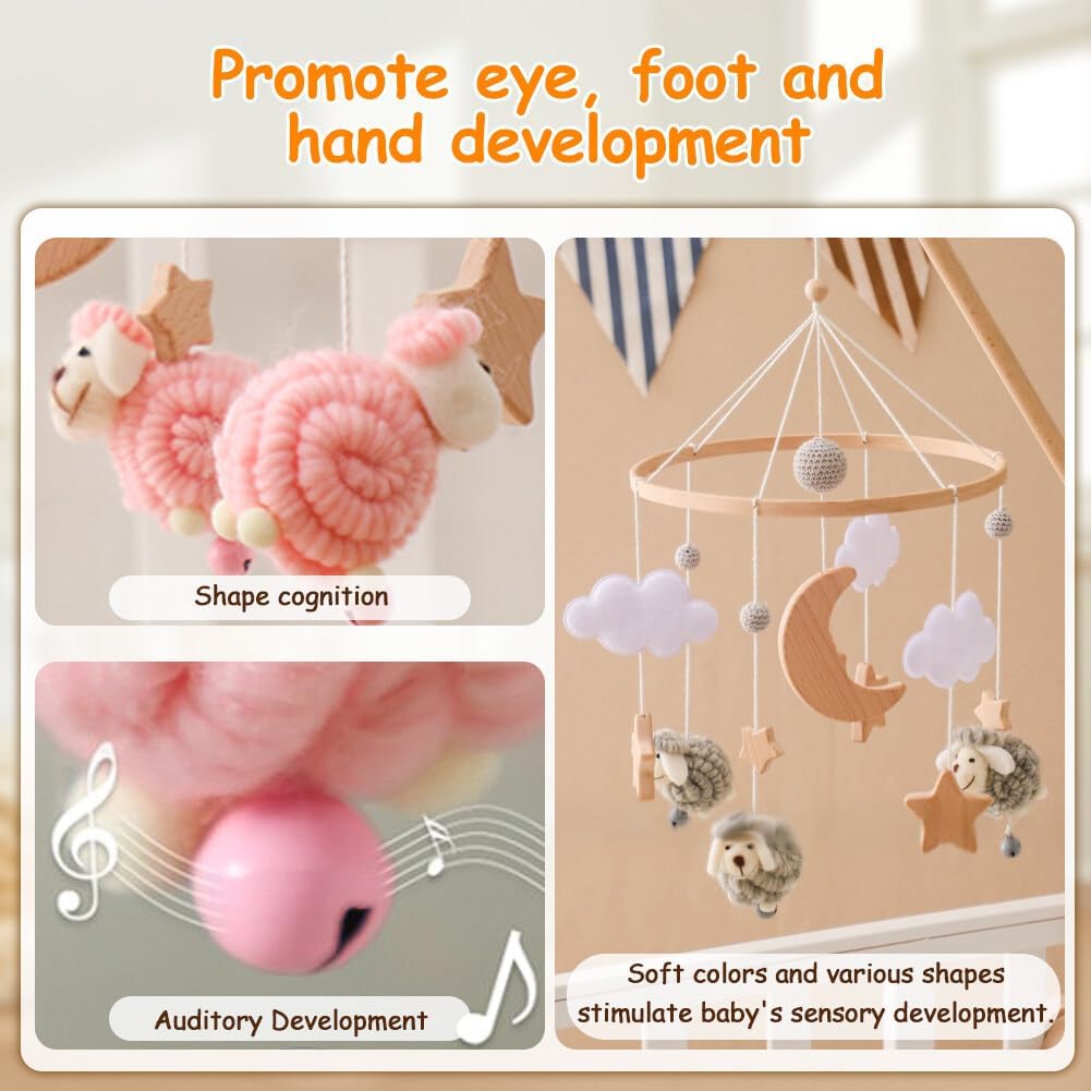 Baby Crib Mobile with Wooden Wind Chime Boho Decor Stars Clouds Moon