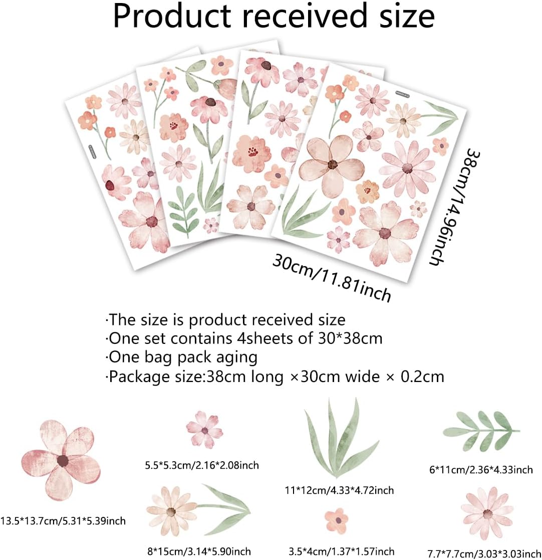 Boho Flower Wall Decals Pink Watercolor Decor Stickers