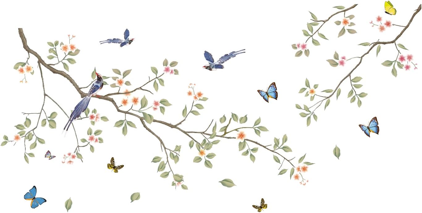 Green Leaf Branch Wall Decals with White Flowers and Butterflies