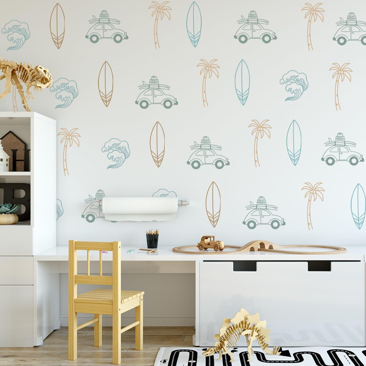 Retro Surfer Wall Sticker with Ocean Waves and Palm Trees