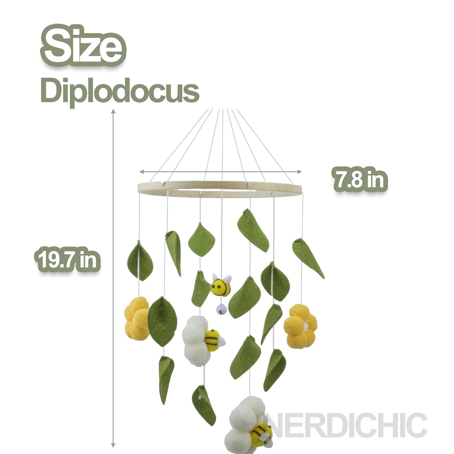 Baby Crib Mobile with Bees and Green Leaves