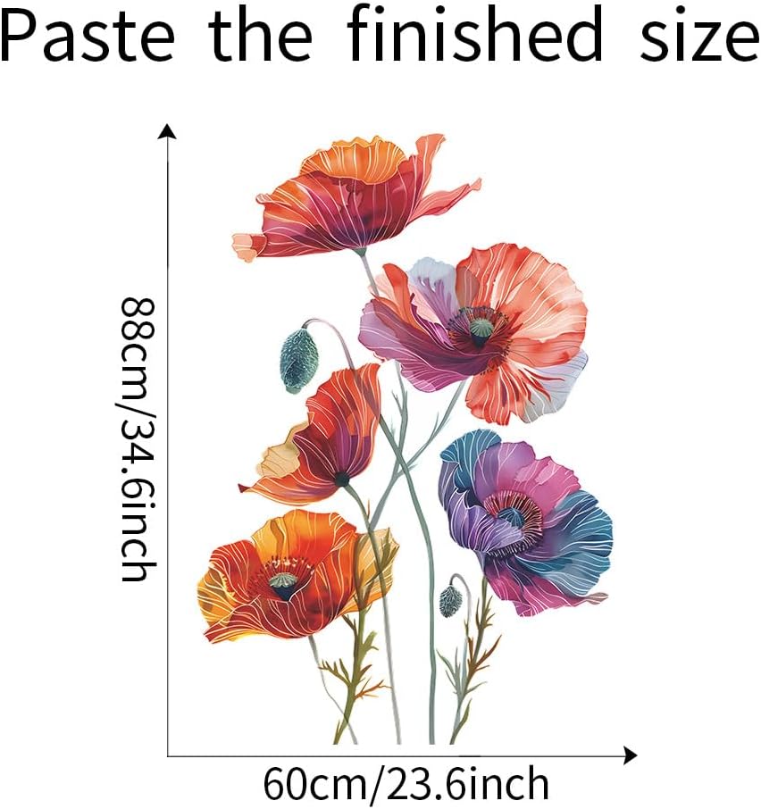 Runtoo Poppy Flowers Wall Art Decals Boho Watercolor Floral Wall Stickers for Home Decor