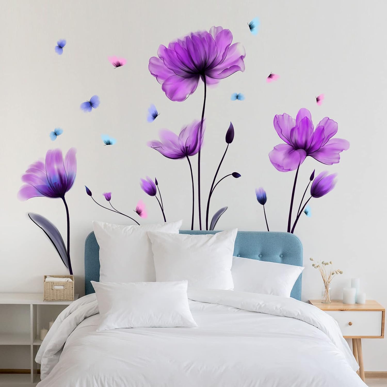 Purple Floral Wall Sticker Removable Butterfly Wall Decal for Nursery Bedroom Kids Room