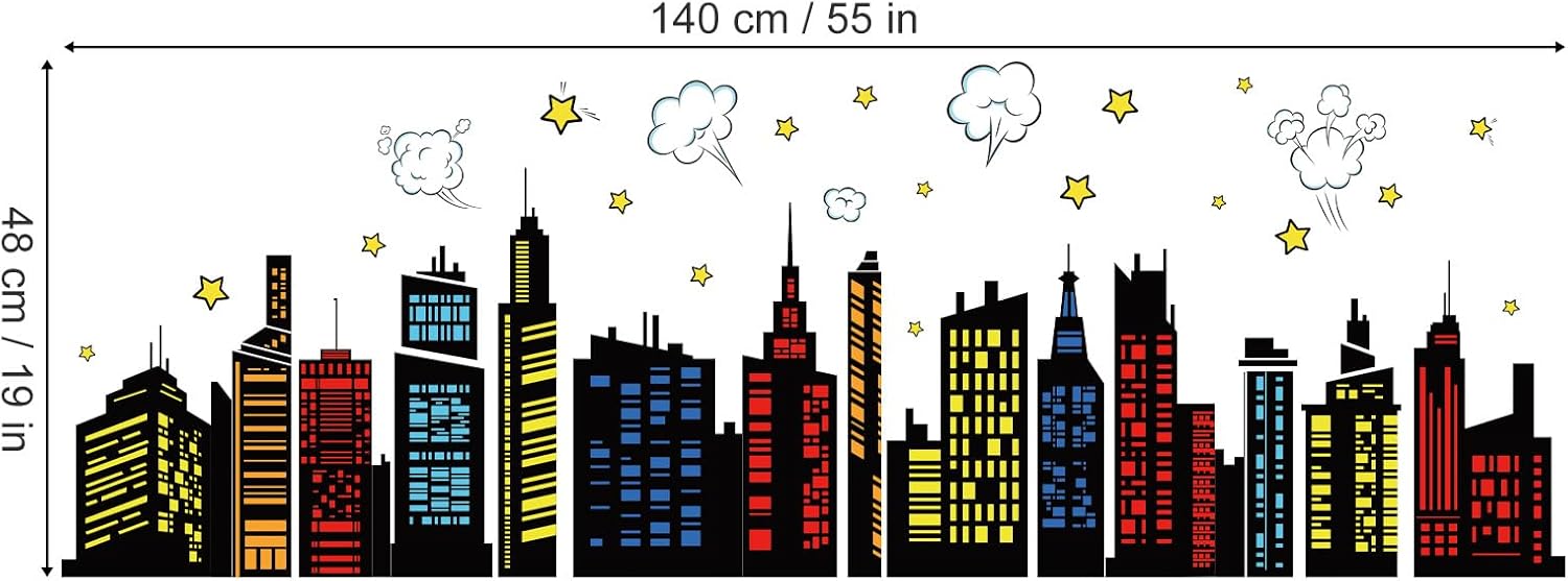 Colorful City Skyline Wall Decals for Bedroom Playroom and Toddler Room