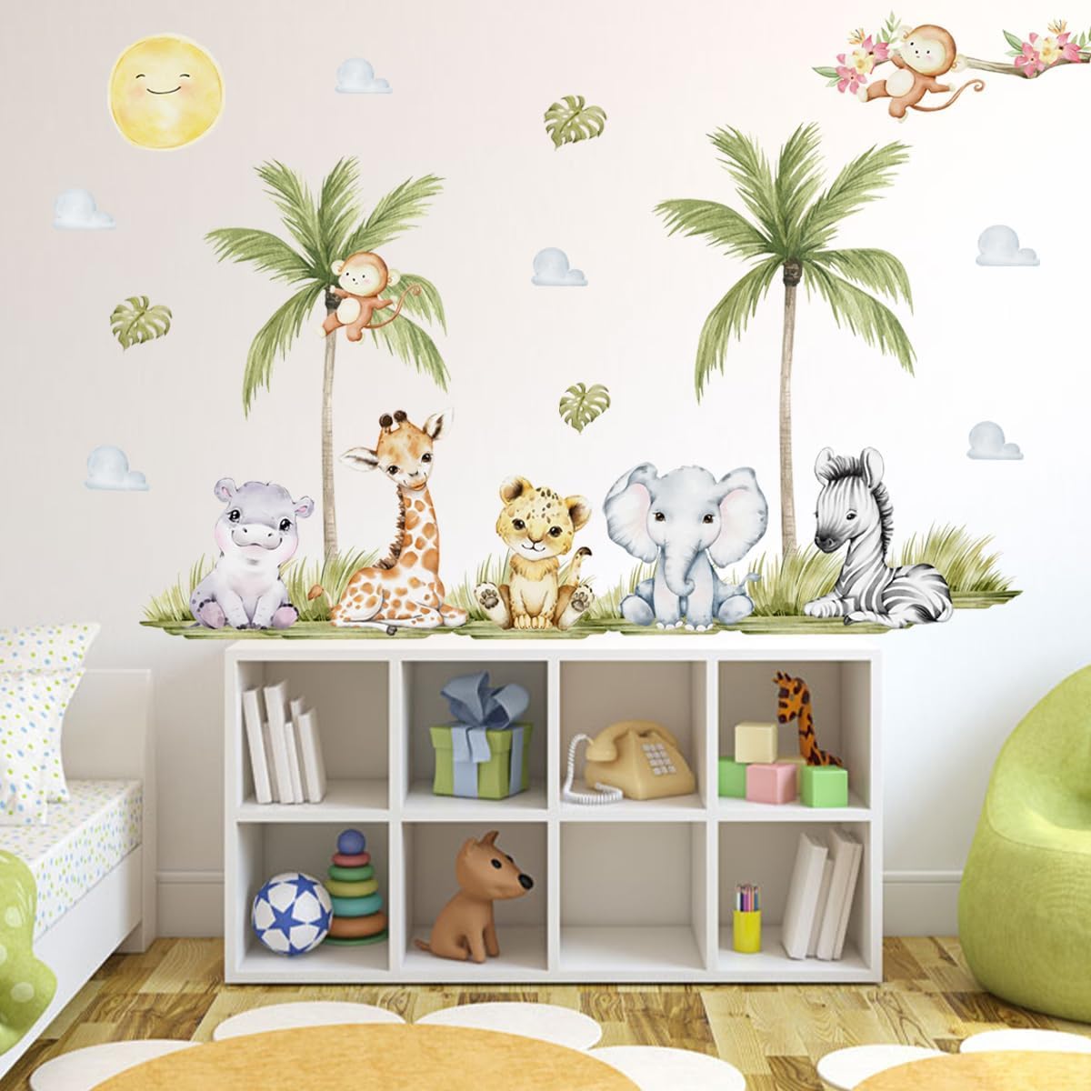 5629 x 4488 Inch Watercolor Animal Wall Decals - Jungle Stickers With Tiger Elephant Zebra Giraffe Monkey Hippo