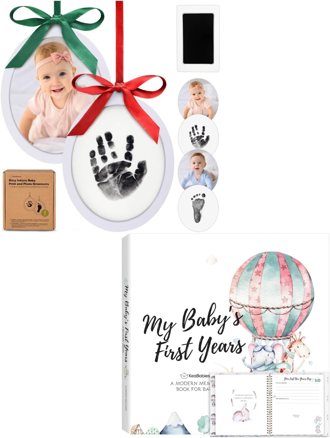 KeaBabies Inkless Hand Footprint Ornament Kit with Memory Book