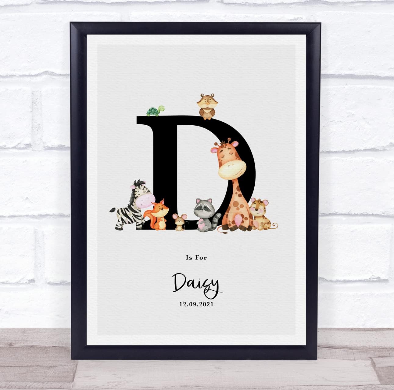 New Baby Birth Details Jungle Animal Initial Print Keepsake