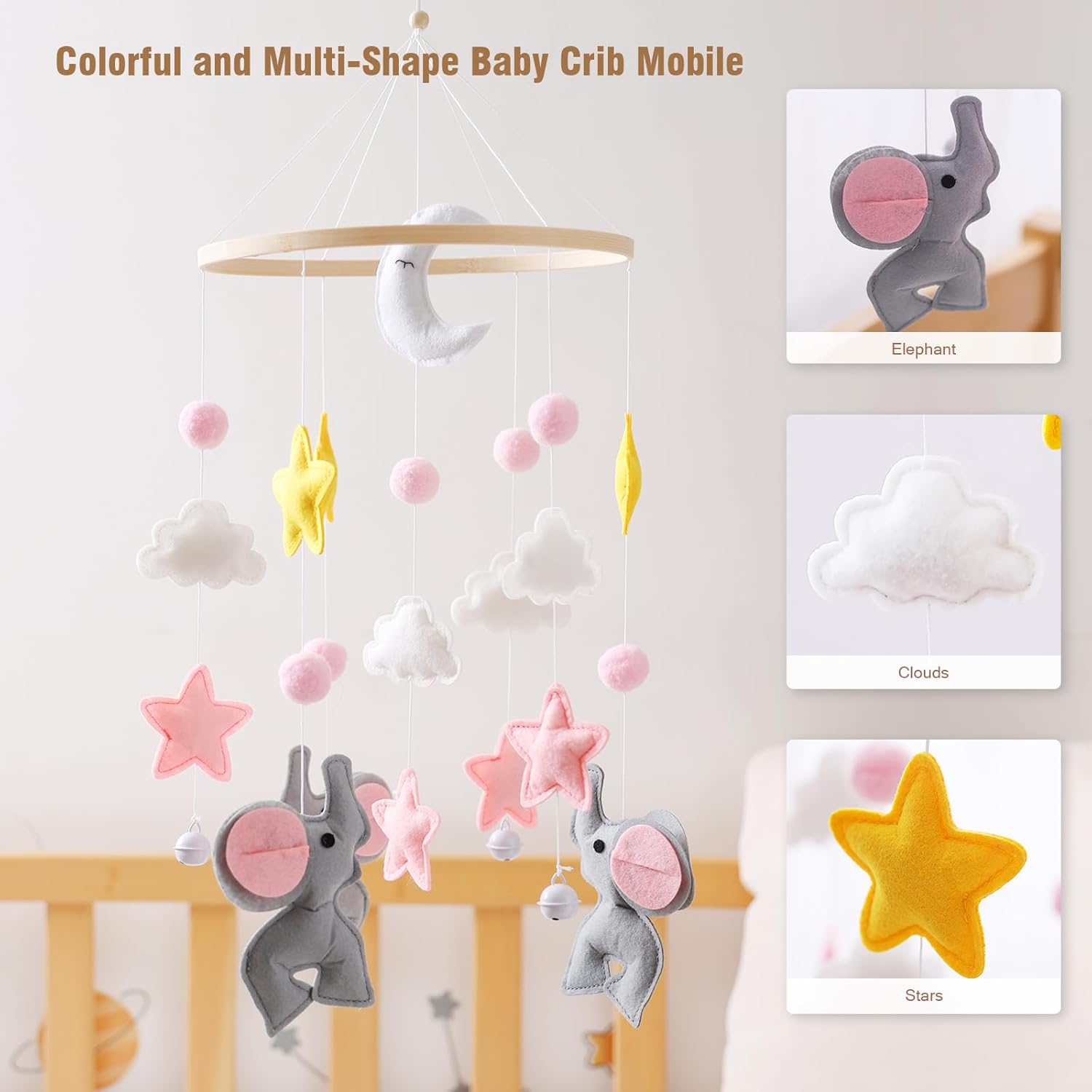 Baby Crib Mobile with Elephant Animal and Star Design