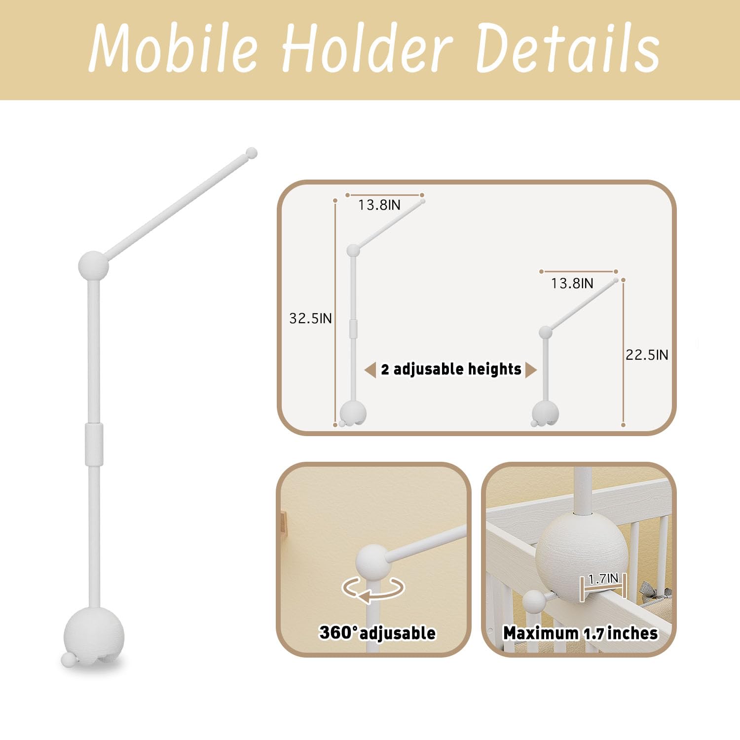 GIJIR Crib Mobile Arm with Music Box 325 Inch White Stand