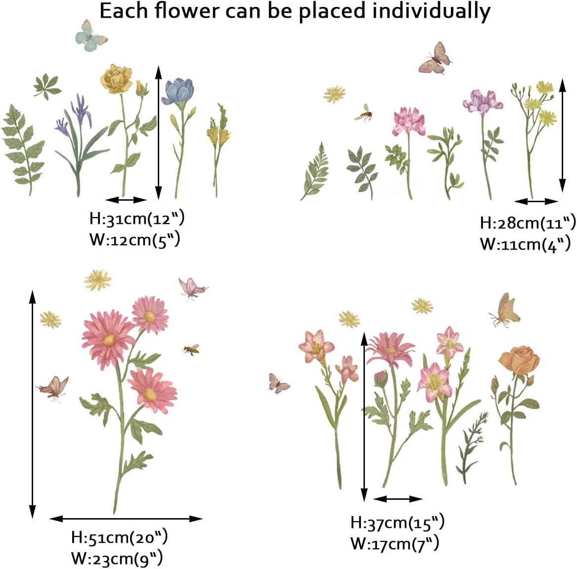 Runtoo Boho Wildflower Wall Stickers for Bedroom Kids Room and Nursery Decor