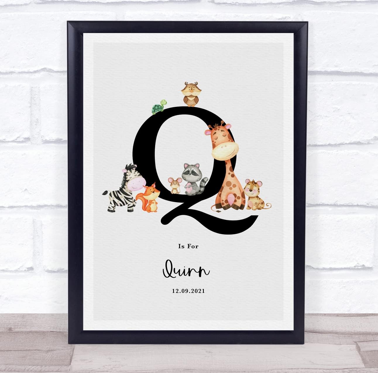 New Baby Birth Details Jungle Animals Initial Q Keepsake Print