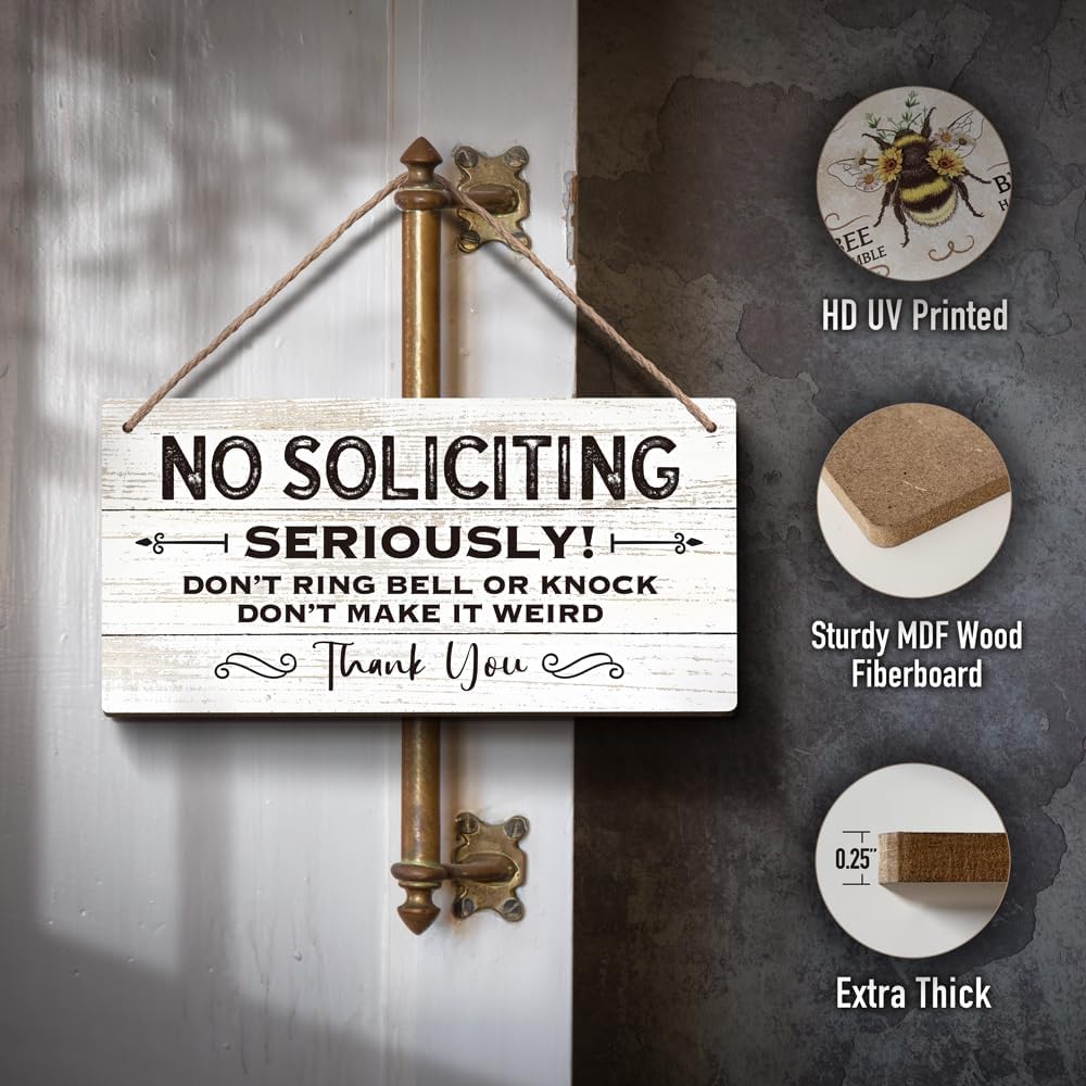 YZEXEZY No Soliciting Sign - 6x12 Inch Wood Hanging Door Sign