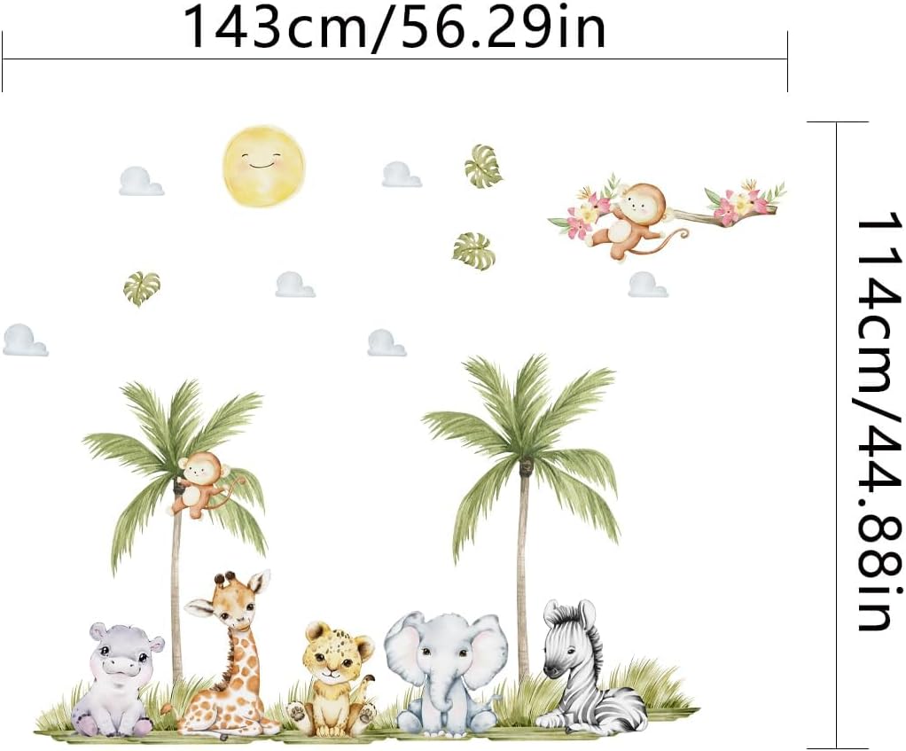 5629 x 4488 Inch Watercolor Animal Wall Decals - Jungle Stickers With Tiger Elephant Zebra Giraffe Monkey Hippo